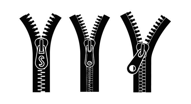 Vector illustration of set of black zipper icons in different styles on a transparent background