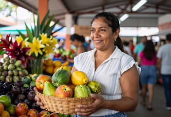 Obraz premium Happy Woman Holding Fresh Fruit Basket at Local Market