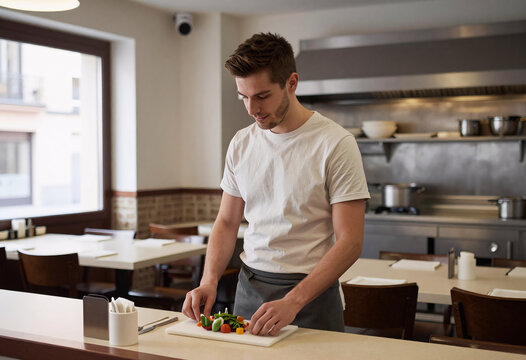 Ghost Kitchen Worker in Empty Madrid Restaurant