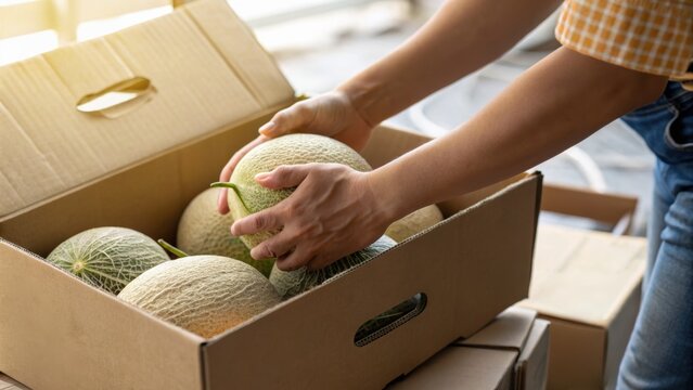 A person packing fresh cantaloupes into a cardboard box, preparing them for storage or shipment in a well-lit environment.