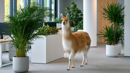 Naklejka premium Llama walking through a modern office interior with green plants and white furniture, showcasing a unique blend of nature and contemporary workspace design