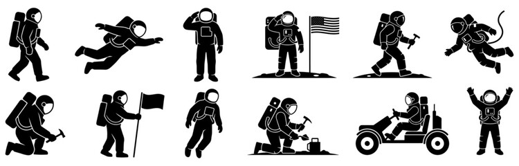 Astronaut silhouette set featuring moon landing missions, cosmonauts walking, floating in zero gravity space, planting flag, collecting rock samples, and driving lunar rover vehicle © Pushpa