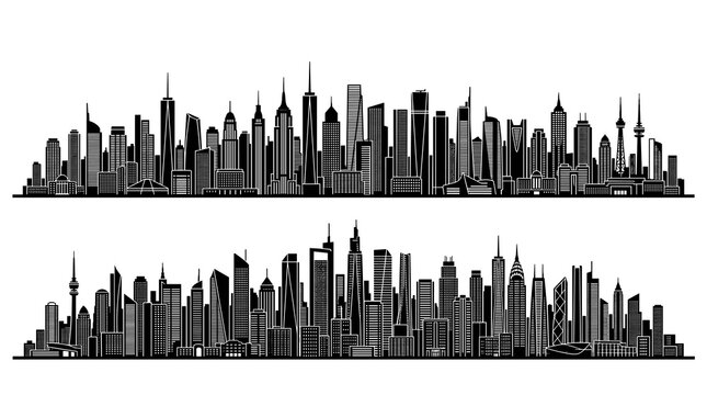 Twin Megacity Skyline Collection Featuring Detailed Modern Skyscraper Silhouettes and Global Urban Landmarks