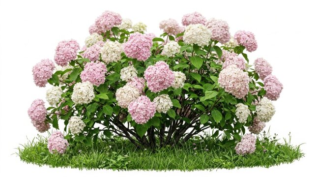 Vibrant Pink and White Hydrangea Bush with Lush Green Leaves, Isolated on a Pure White Background with a Patch of Fresh Green Grass, Perfect for Garden Design Elements