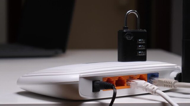 Open combination padlock sits on a white modem router with multiple ethernet cables connected, symbolizing network vulnerability, data security risk, and privacy concerns