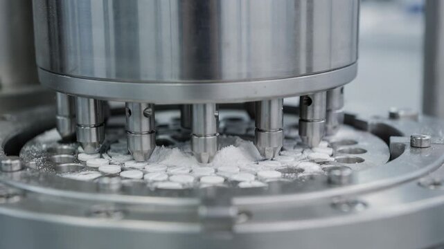 Medium frame capturing the minitablet compression process showing delicate powder dosing and tooling with small steel punches for highprecision medicinal tablet production.