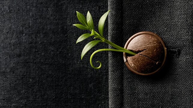 Eco concept with a small green plant sprout growing from a cracked wooden button on dark fabric jacket texture