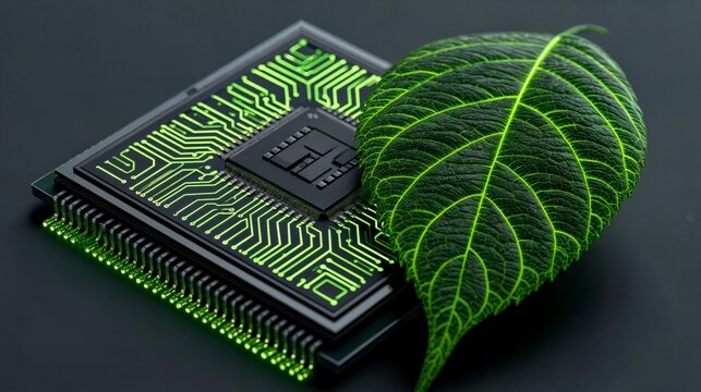 Green technology concept with microchip processor and fresh green leaf on dark matte background