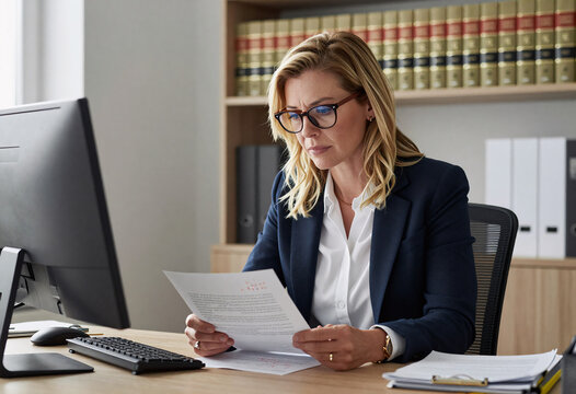 Lawyer reviewing AI-analyzed contract with red notes