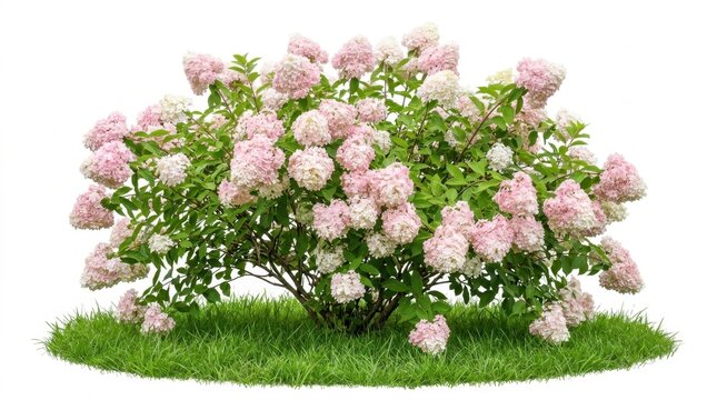 Large blooming pink and white Panicle Hydrangea bush with lush green leaves and a patch of grass, isolated on a clean white background, perfect for landscaping and garden design.