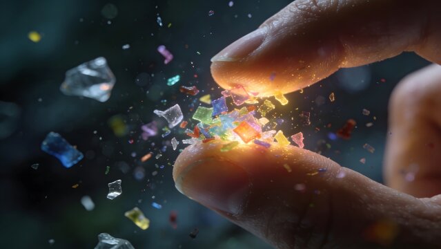 Close up of tiny colorful plastic particles scattered between fingers, illustrating microplastic contamination, ecological hazard, global warming concept, and environmental protection theme