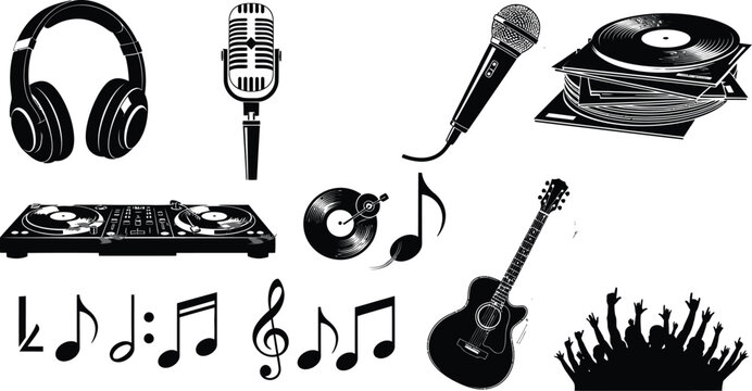 Black and white music icons set with headphones, microphones, guitar and notes