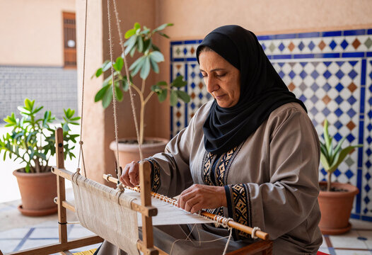 Berber Woman Weaving on Traditional Loom in Moroccan Courtyard