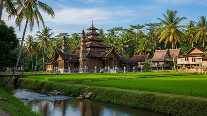 Obraz premium Traditional Indonesian Mosque and Rice Fields in Tropical Landscape