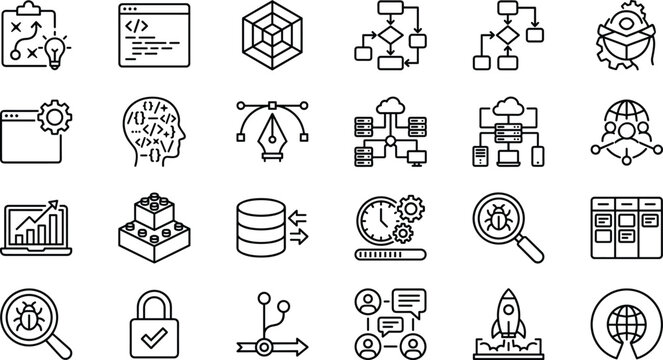 Software development and web programming line icon set with cloud computing network database engineering symbols
