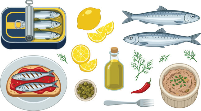 Sardine and Mediterranean Cuisine Vector Illustration Featuring Tin, Whole Fish, Bread, Sauce, Lemon, Oil, Capers, Chili, Herb, and Fork for Food Design Projects