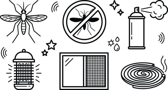 Mosquito control and insect prevention line icon set with repellent spray zapper coil net window symbols