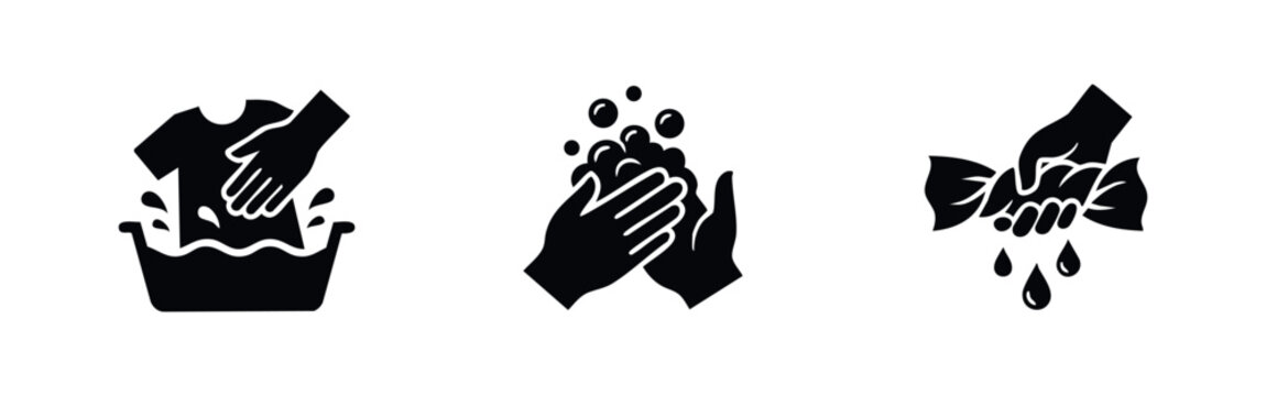 Hand washing clothes icons set. Manual laundry and textile care symbols.