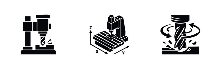 CNC machine and milling icon set. Computer numerical control, industrial manufacturing symbols. © Lili