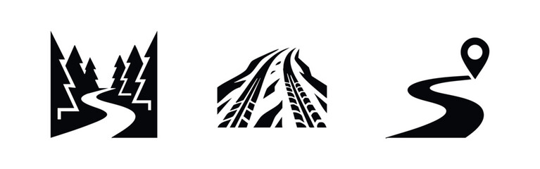 Road path and tire track icon set. Travel, navigation, forest trail and journey symbols. © Lili