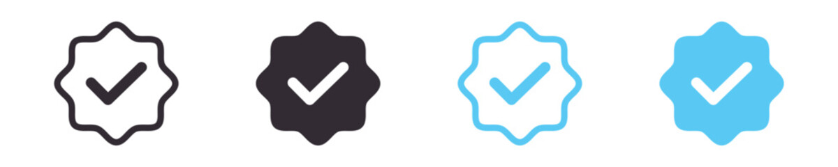 Blue checkmark tick verified badge icon Set, approval checkmark seal, trusted certification mark, quality assurance symbol, vector icons © Kamrul