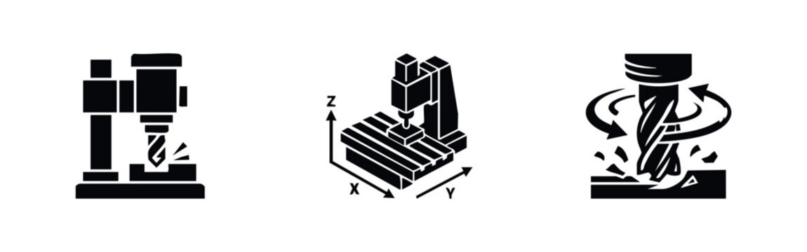 CNC machine and milling icon set. Computer numerical control, industrial manufacturing symbols.