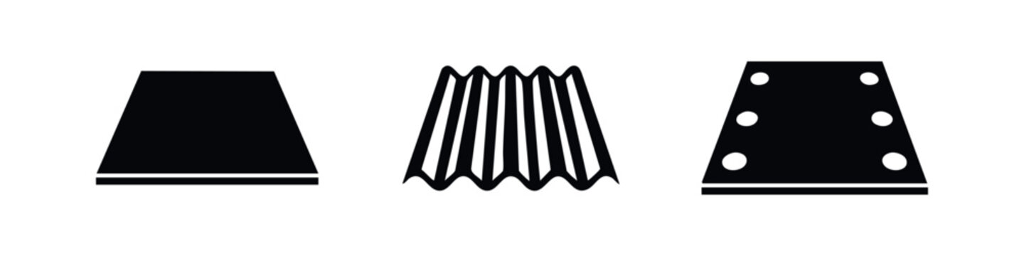 Corrugated metal sheet and roofing icon set. Building material, construction and industrial symbols.