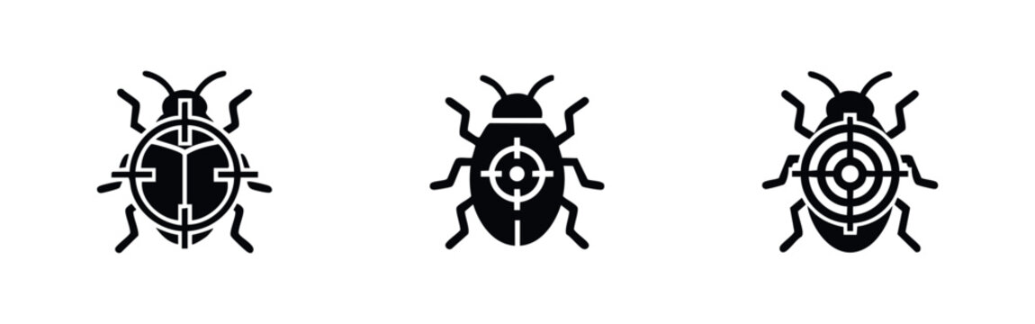 Insect pest control icon set. Extermination, bug target and insecticide symbols.