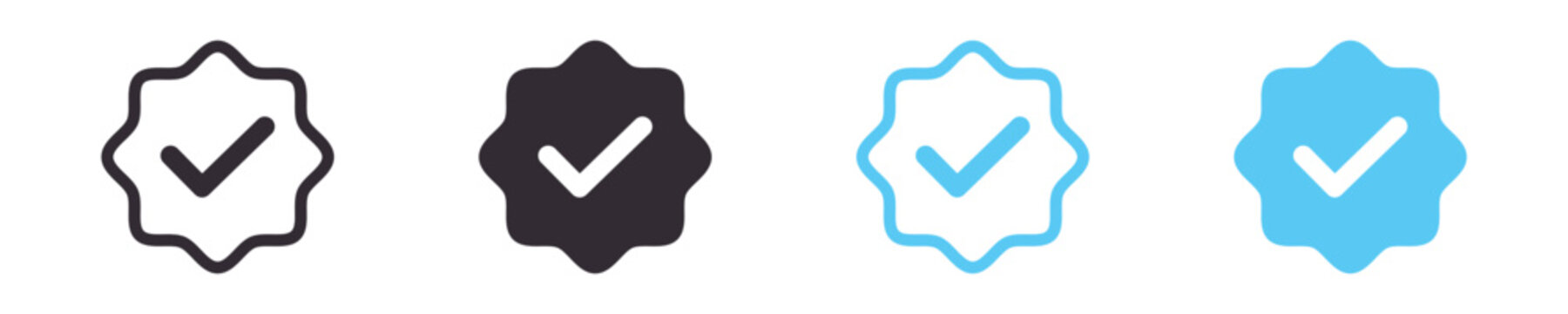 Blue checkmark tick verified badge icon Set, approval checkmark seal, trusted certification mark, quality assurance symbol, vector icons