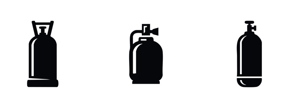 Gas cylinder icons set. Various shapes of industrial and medical gas tanks with valves.