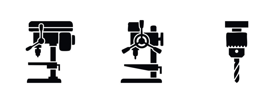 Drilling machine and drill bit icons set. Industrial drill press and chuck for workshop tasks.