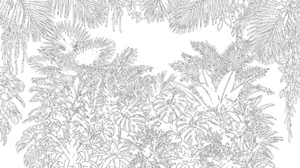 Lush tropical jungle frame with palm fronds and monstera leaf outlines creating dense rainforest background decoration. © MD ALI STOCK