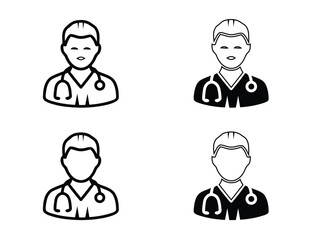 Fototapeta premium Vector doctor icon set. Black and white line art and solid silhouette style illustrations of a male medical professional, surgeon, or nurse avatar with a stethoscope around the neck.