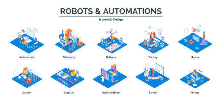 Cartoon Color Location Collection Robots and Automations Concept 3d Isometric View. Vector illustration of Smart Machinery