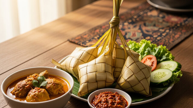 Traditional Malay Ketupat Rice Cakes with Chicken Curry and Sambal
