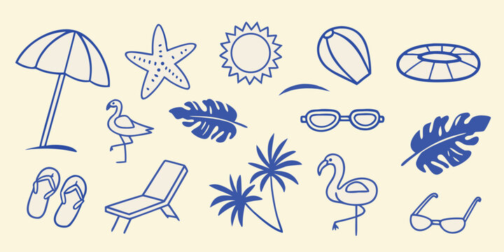 summer vacation doodles in blue sketch style umbrella starfish sun surfboard lifebuoy
