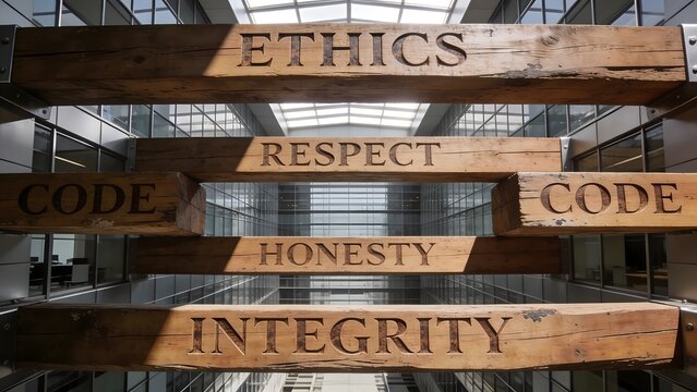 Wooden beams carved with core values like ethics, integrity, respect, and honesty, stacked inside a modern corporate office building atrium, symbolizing strong company culture and business principles.