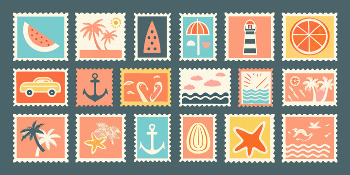 grid of vintage style summer travel postage stamps layout watermelon slice palm