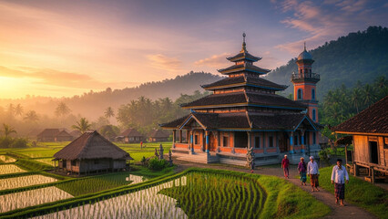 Naklejka premium Traditional mosque and rice fields at sunrise, Bali, Indonesia