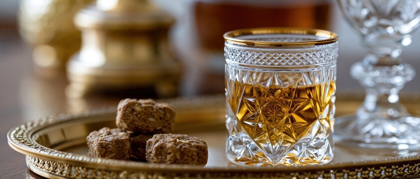 A beautifully styled glass of whiskey accompanied by shortbread biscuits on a decorative tray, showcasing luxury and leisure in an intimate setting.