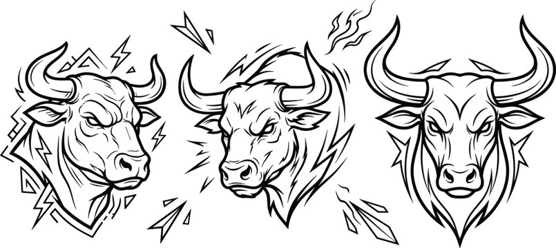 Angry bull head mascot logo line art set with charging taurus horns lightning storm elements