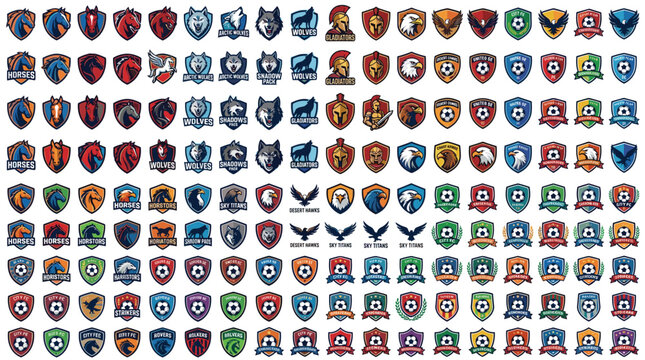 Colorful Gaming Shield Vector Illustration Badge Set with Esports Team Logos and Achievement Emblems