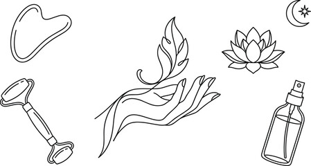 Beauty spa and holistic skincare line art element set with gua sha roller lotus spray bottle hand © AKTAR