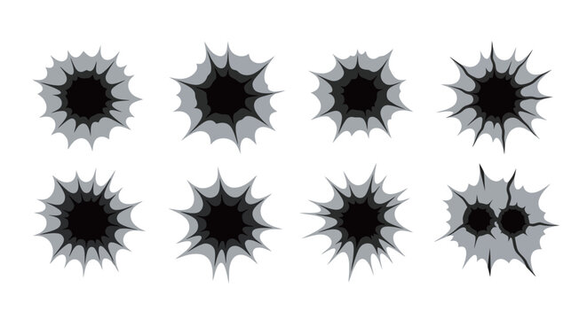Bullet Hole Set Impacting Surface Vector Illustration for Crime and Action Graphic Design