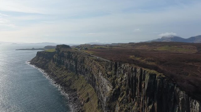 Aerial view of mealt falls and kilt rock on the isle of skye coastline