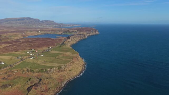 Aerial view of the isle of skye coastline and atlantic ocean in scotland