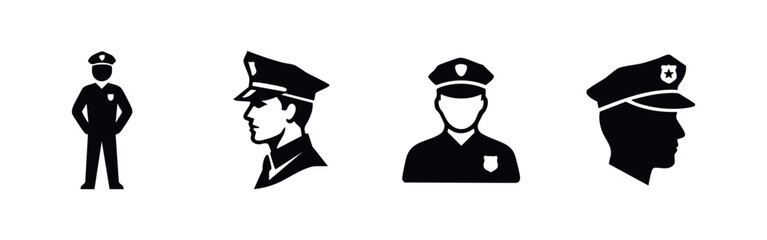 Police officer and security personnel icons set. Law enforcement and public safety symbols.