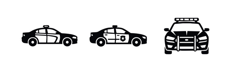Police car and patrol vehicle icons set. Law enforcement, emergency, and transport symbols. © Lili