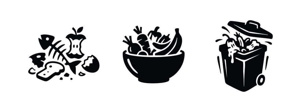 Organic waste and compost icons set. Food scraps, garbage, and recycling symbols for sustainability.