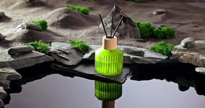 Intense fragrance diffuser on a lunar landscape with small pond.